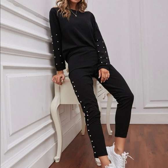Pants & Jumpsuits Sold Shein Black Jogger Set With Pearl Accent